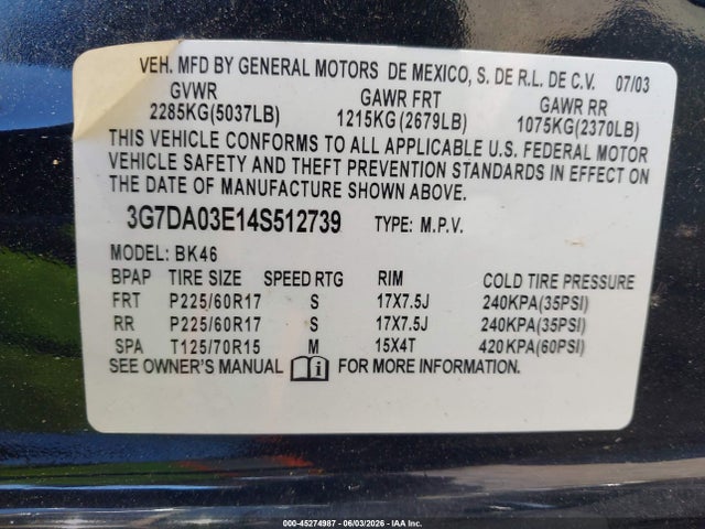 2004 Pontiac Aztek მანქანა იყიდება აუქციონზე, vin: 3G7DA03E14S512739, აუქციონის ნომერი: 45274987