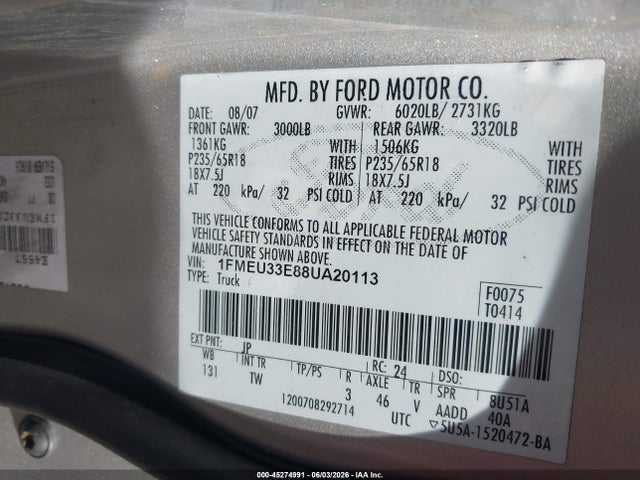 Продаж на аукціоні авто 2008 Ford Explorer Sport Trac Limited, vin: 1FMEU33E88UA20113, номер лоту: 45274991