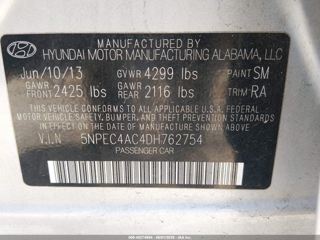 2013 Hyundai Sonata Se მანქანა იყიდება აუქციონზე, vin: 5NPEC4AC4DH762754, აუქციონის ნომერი: 45274994