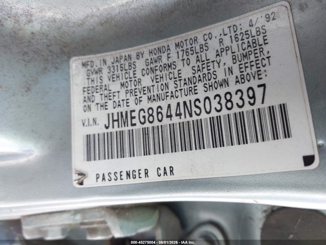 Продажа на аукционе авто 1992 Honda Civic Dx/lx, vin: JHMEG8644NS038397, номер лота: 45275004