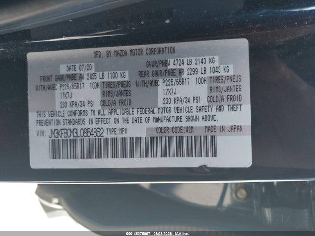 Продажа на аукционе авто 2020 Mazda Cx-5 Touring, vin: JM3KFBCM3L0864862, номер лота: 45275007