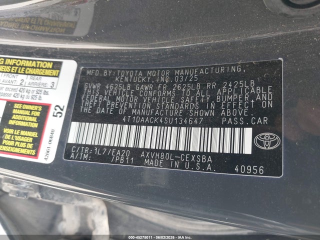 Продажа на аукционе авто 2025 Toyota Camry Se, vin: 4T1DAACK4SU134647, номер лота: 45275011