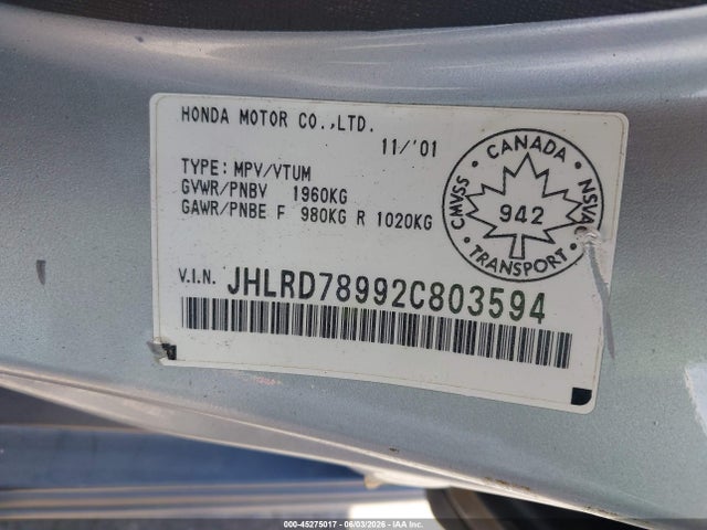 45275017 :رقم المزاد ، JHLRD78992C803594 vin ، 2002 Honda Cr-v Ex مزاد بيع