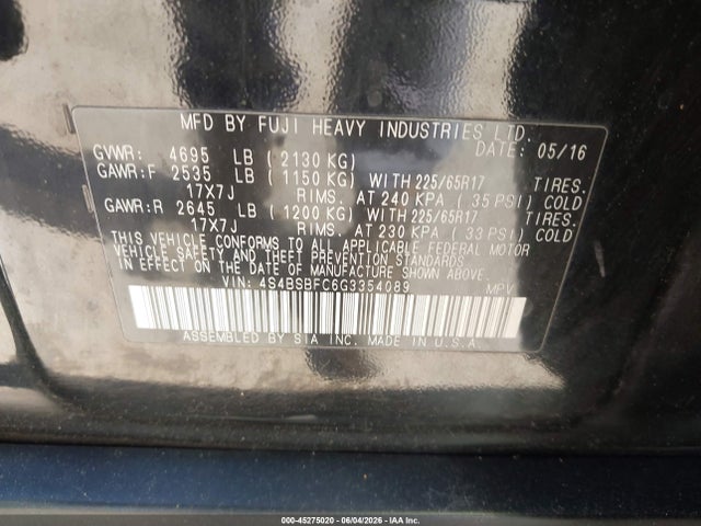 Aukcja sprzedaży 2016 Subaru Outback 2.5i Premium, vin: 4S4BSBFC6G3354089, numer aukcji: 45275020