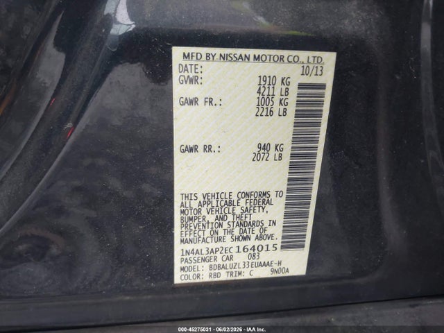 Aukcja sprzedaży 2014 Nissan Altima 2.5 Sv, vin: 1N4AL3AP2EC164015, numer aukcji: 45275031