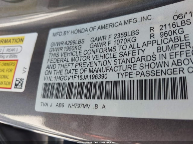 Honda ACCORD LX 2018 1HGCV1F15JA196390 Image 9