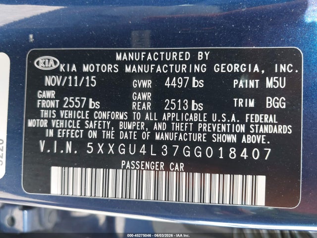 KIA OPTIMA EX 2016 5XXGU4L37GG018407 Image 9