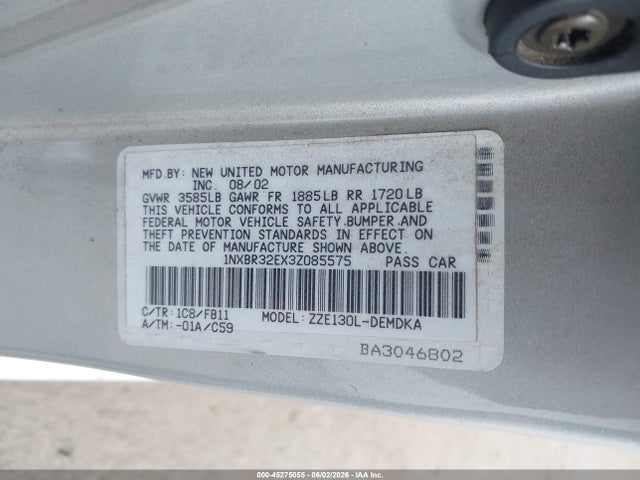 45275055 :رقم المزاد ، 1NXBR32EX3Z085575 vin ، 2003 Toyota Corolla Ce مزاد بيع