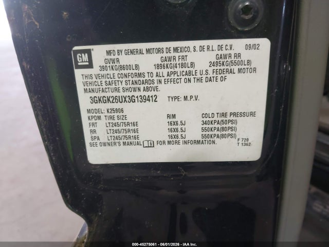 2003 Gmc Yukon Xl 2500 Slt მანქანა იყიდება აუქციონზე, vin: 3GKGK26UX3G139412, აუქციონის ნომერი: 45275061