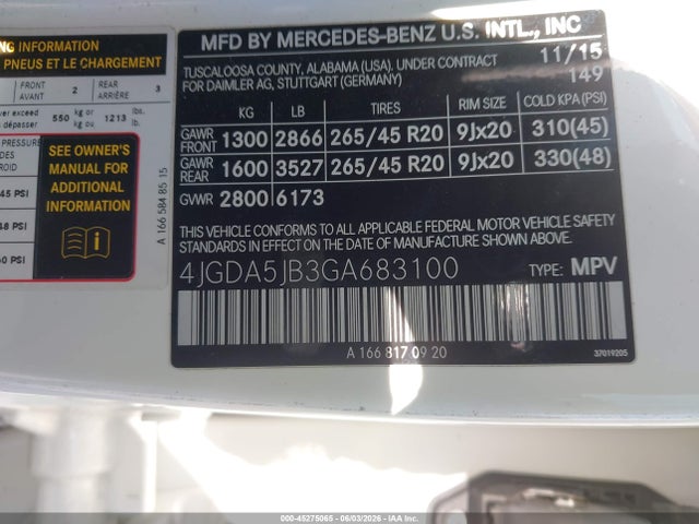 Aukcja sprzedaży 2016 Mercedes-benz Gle 350, vin: 4JGDA5JB3GA683100, numer aukcji: 45275065