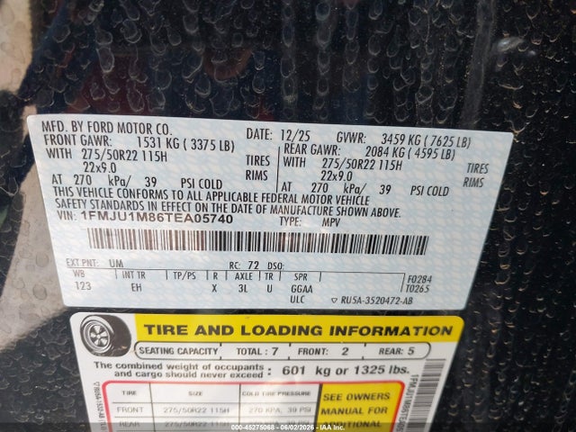 45275068 :رقم المزاد ، 1FMJU1M86TEA05740 vin ، 2026 Ford Expedition Platinum مزاد بيع