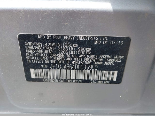 Aukcja sprzedaży 2013 Subaru Impreza 2.0i Premium, vin: JF1GJAB64DH035950, numer aukcji: 45275073