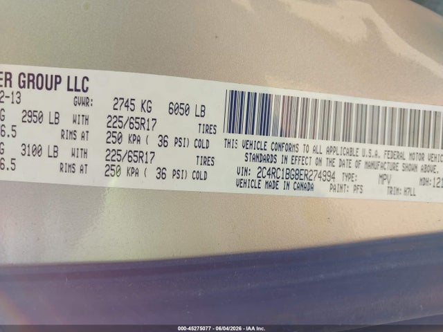 45275077 :رقم المزاد ، 2C4RC1BG8ER274994 vin ، 2014 Chrysler Town & Country Touring مزاد بيع