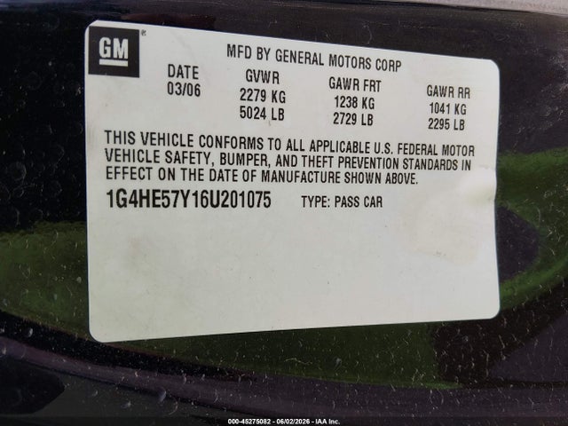 Продаж на аукціоні авто 2006 Buick Lucerne Cxs, vin: 1G4HE57Y16U201075, номер лоту: 45275082