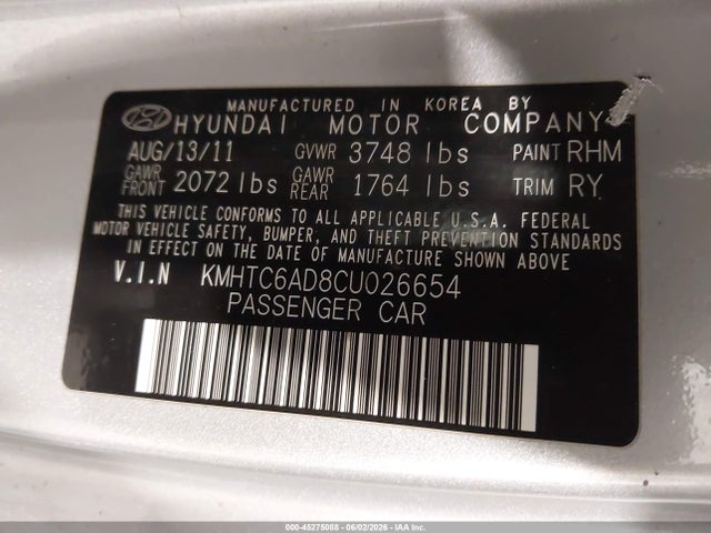 2012 Hyundai Veloster Base W/black მანქანა იყიდება აუქციონზე, vin: KMHTC6AD8CU026654, აუქციონის ნომერი: 45275088