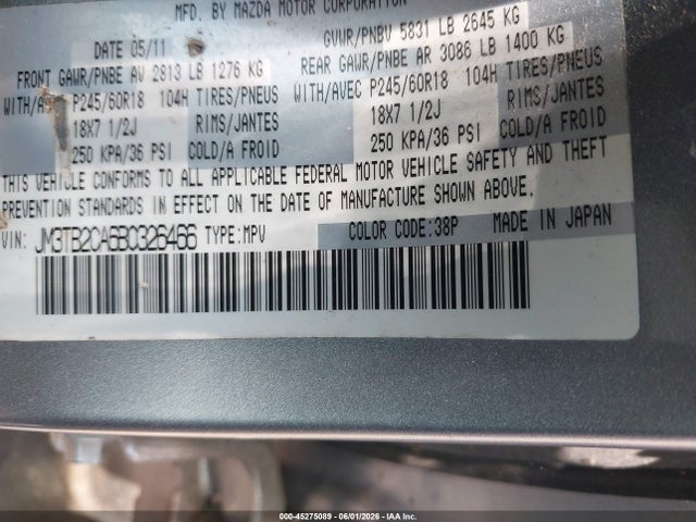 Продажа на аукционе авто 2011 Mazda Cx-9 Touring, vin: JM3TB2CA6B0326466, номер лота: 45275089