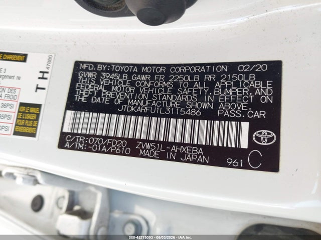 Toyota Prius Le 2020 JTDKARFU1L3115486 Image 9