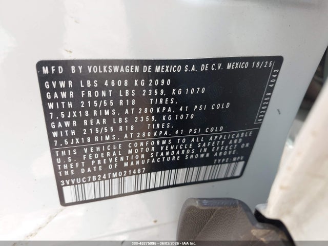 45275095 :رقم المزاد ، 3VVUC7B24TM021467 vin ، 2026 Volkswagen Taos Se مزاد بيع
