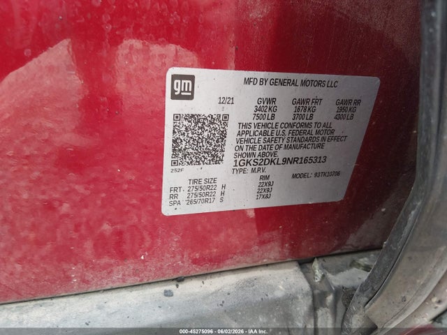 45275096 :رقم المزاد ، 1GKS2DKL9NR165313 vin ، 2022 Gmc Yukon 4wd Denali مزاد بيع