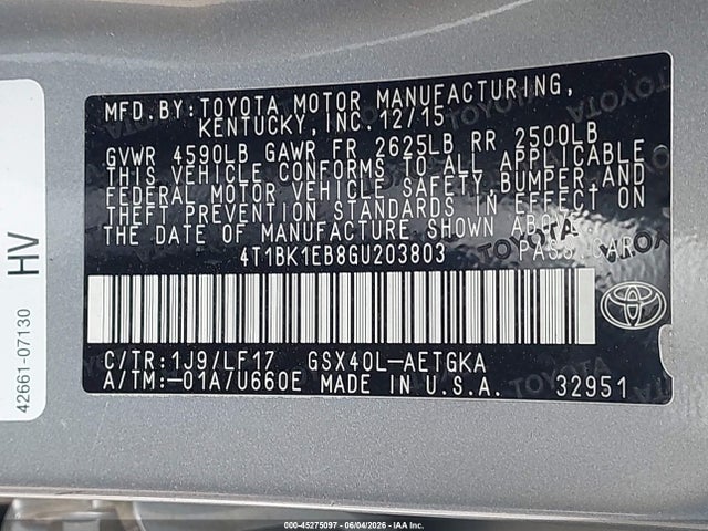 45275097 :رقم المزاد ، 4T1BK1EB8GU203803 vin ، 2016 Toyota Avalon Xle Premium مزاد بيع