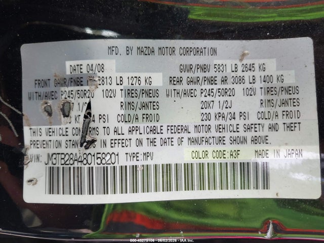 2008 Mazda Cx-9 Grand Touring მანქანა იყიდება აუქციონზე, vin: JM3TB28A480158201, აუქციონის ნომერი: 45275106