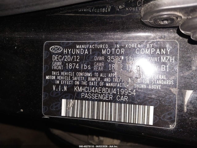 Aukcja sprzedaży 2013 Hyundai Accent Gls, vin: KMHCU4AE8DU419954, numer aukcji: 45275110