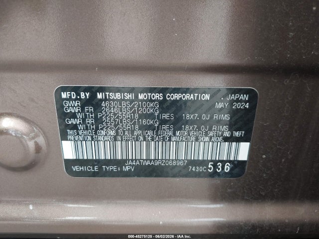 45275125 :رقم المزاد ، JA4ATWAA9RZ068967 vin ، 2024 Mitsubishi Eclipse Cross Se S-awc/sel S-awc مزاد بيع