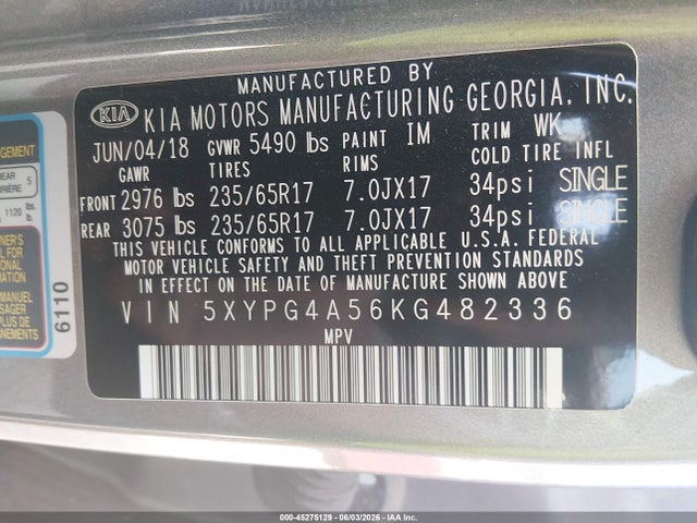 Aukcja sprzedaży 2019 Kia Sorento 3.3l Lx, vin: 5XYPG4A56KG482336, numer aukcji: 45275129