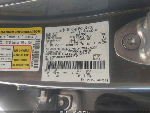 45275139 :رقم المزاد ، 3FMCR9BN8SRE22533 vin ، 2025 Ford Bronco Sport Big Bend مزاد بيع