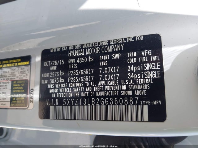 Aukcja sprzedaży 2016 Hyundai Santa Fe Sport 2.4l, vin: 5XYZT3LB2GG360887, numer aukcji: 45275145