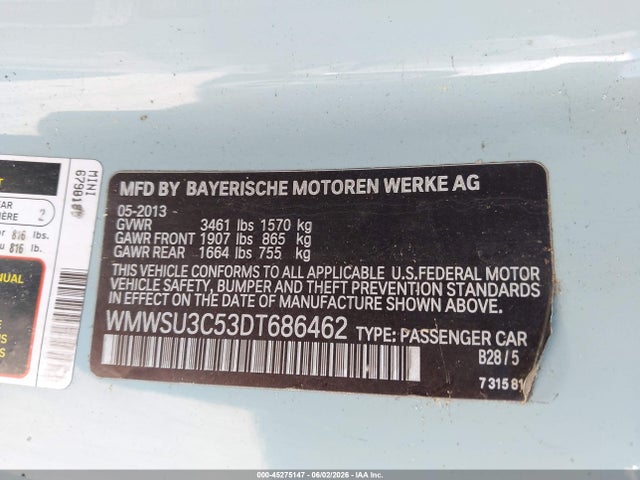 2013 Mini Hardtop Cooper მანქანა იყიდება აუქციონზე, vin: WMWSU3C53DT686462, აუქციონის ნომერი: 45275147
