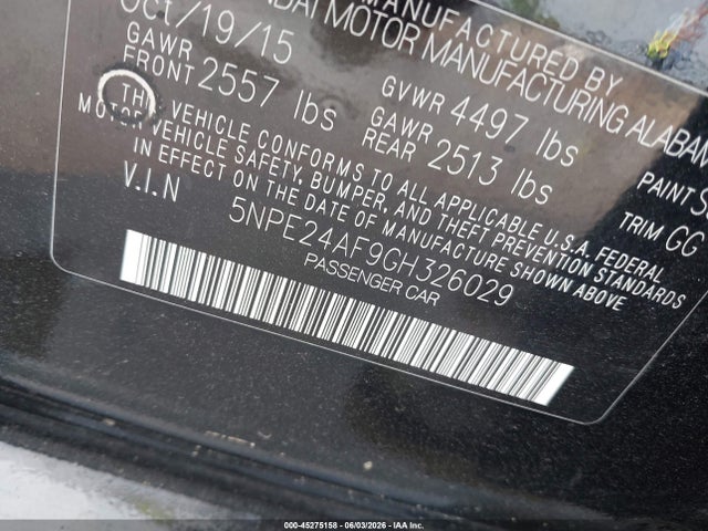 Aukcja sprzedaży 2016 Hyundai Sonata Se, vin: 5NPE24AF9GH326029, numer aukcji: 45275158