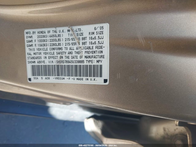 Продаж на аукціоні авто 2005 Honda Cr-v Se, vin: SHSRD78945U339885, номер лоту: 45275165