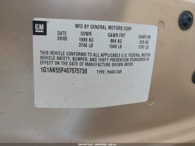 Продаж на аукціоні авто 2006 Chevrolet Cobalt Ls, vin: 1G1AK55F467675738, номер лоту: 45275167