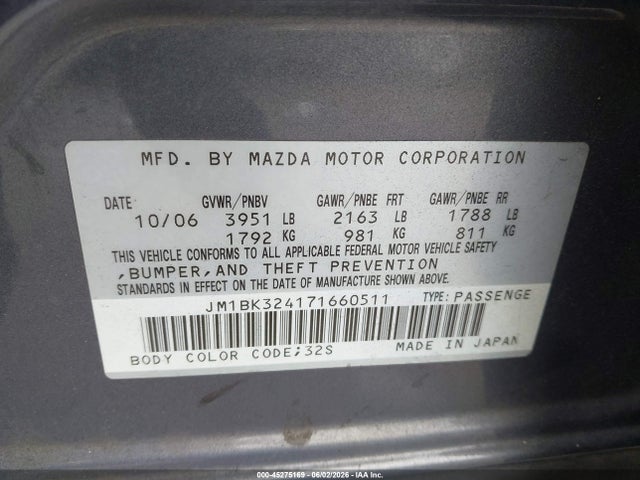 2007 Mazda Mazda3 S Sport მანქანა იყიდება აუქციონზე, vin: JM1BK324171660511, აუქციონის ნომერი: 45275169