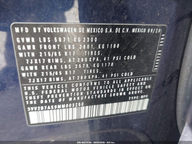 2021 Volkswagen Tiguan 2.0t Se/2.0t Se R-line Black/2.0t Sel მანქანა იყიდება აუქციონზე, vin: 3VV2B7AX9MM003250, აუქციონის ნომერი: 45275184