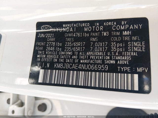 Продаж на аукціоні авто 2022 Hyundai Tucson Sel, vin: KM8JBCAE4NU066959, номер лоту: 45275190