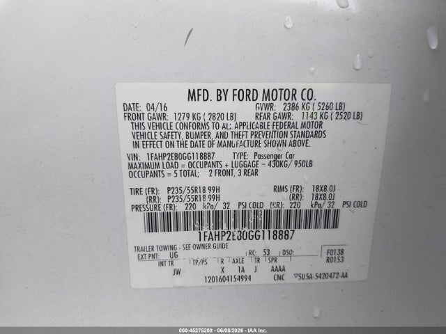 Ford TAURUS SEL 2016 1FAHP2E80GG118887 Image 9