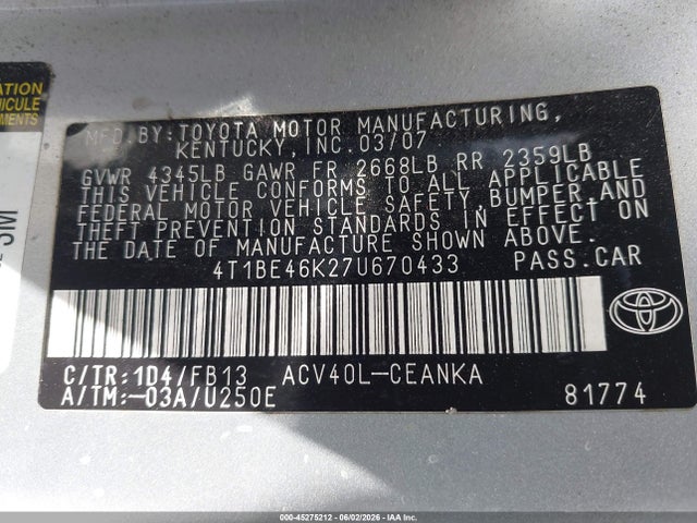 2007 Toyota Camry Le მანქანა იყიდება აუქციონზე, vin: 4T1BE46K27U670433, აუქციონის ნომერი: 45275212