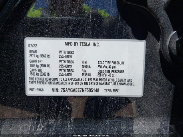 Aukcja sprzedaży 2022 Tesla Model Y Long Range Dual Motor All-wheel Drive, vin: 7SAYGAEE7NF505148, numer aukcji: 45275218