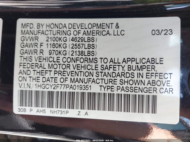 1HGCY2F77PA019351 Honda Accord Hybrid Sport-l