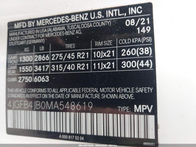 45275240 :رقم المزاد ، 4JGFB4JB0MA548619 vin ، 2021 Mercedes-benz Gle 350 مزاد بيع