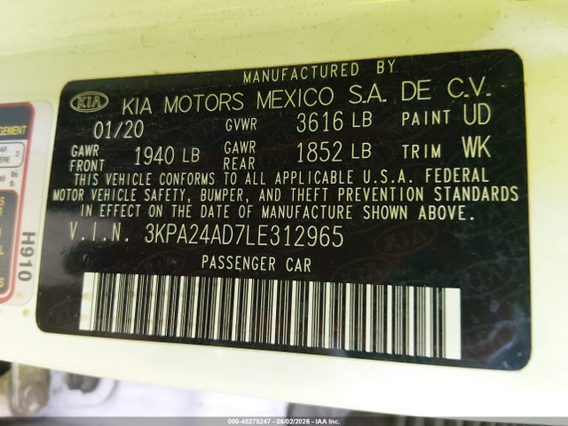 Aukcja sprzedaży 2020 Kia Rio S, vin: 3KPA24AD7LE312965, numer aukcji: 45275247