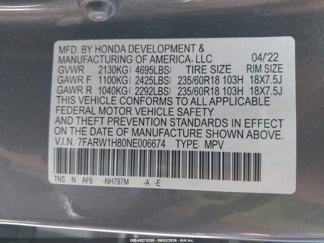 Продажа на аукционе авто 2022 Honda Cr-v 2wd Ex-l, vin: 7FARW1H80NE006674, номер лота: 45275250