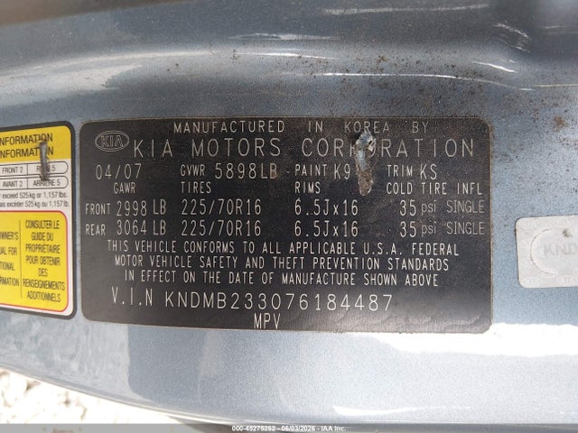 Aukcja sprzedaży 2007 Kia Sedona Lx, vin: KNDMB233076184487, numer aukcji: 45275252