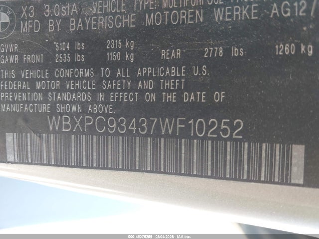 45275269 :رقم المزاد ، WBXPC93437WF10252 vin ، 2007 Bmw X3 3.0si مزاد بيع