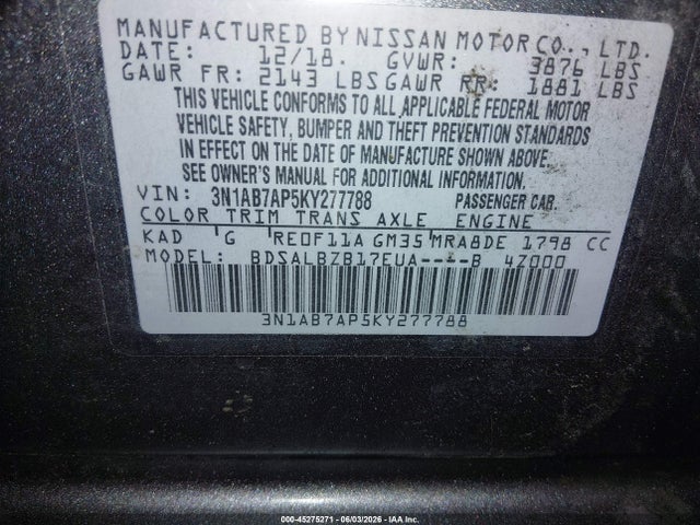 Nissan SENTRA S 2019 3N1AB7AP5KY277788 Image 9