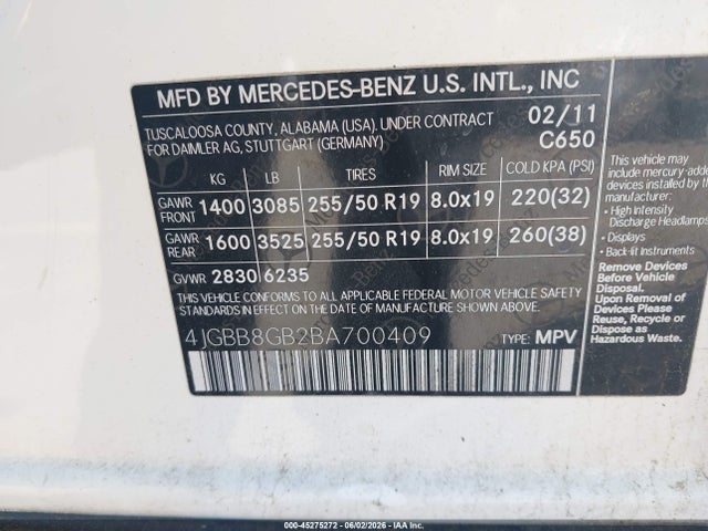 45275272 :رقم المزاد ، 4JGBB8GB2BA700409 vin ، 2011 Mercedes-benz Ml 350 4matic مزاد بيع