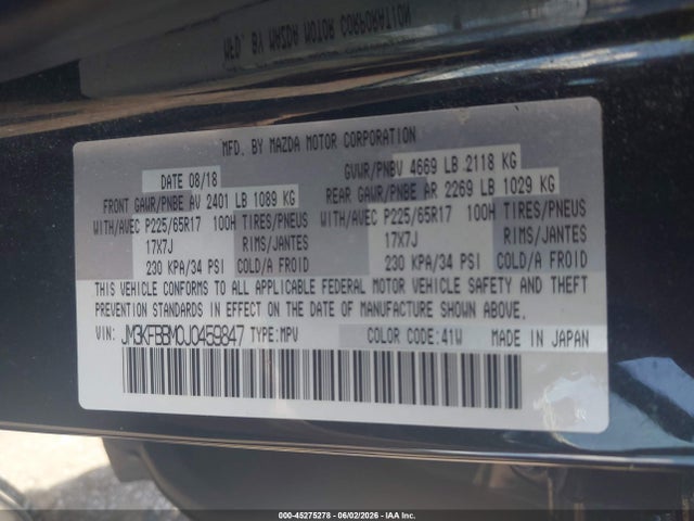 Aukcja sprzedaży 2018 Mazda Cx-5 Sport, vin: JM3KFBBM0J0459847, numer aukcji: 45275278