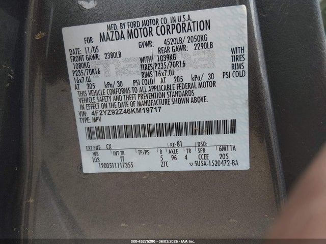 Aukcja sprzedaży 2006 Mazda Tribute I, vin: 4F2YZ92Z46KM19717, numer aukcji: 45275280